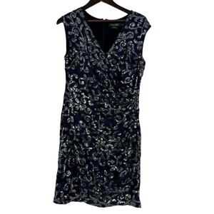 Lauren Ralph Lauren Sequin Cocktail Dress Navy Silver Wrap Ruched Sheath 14